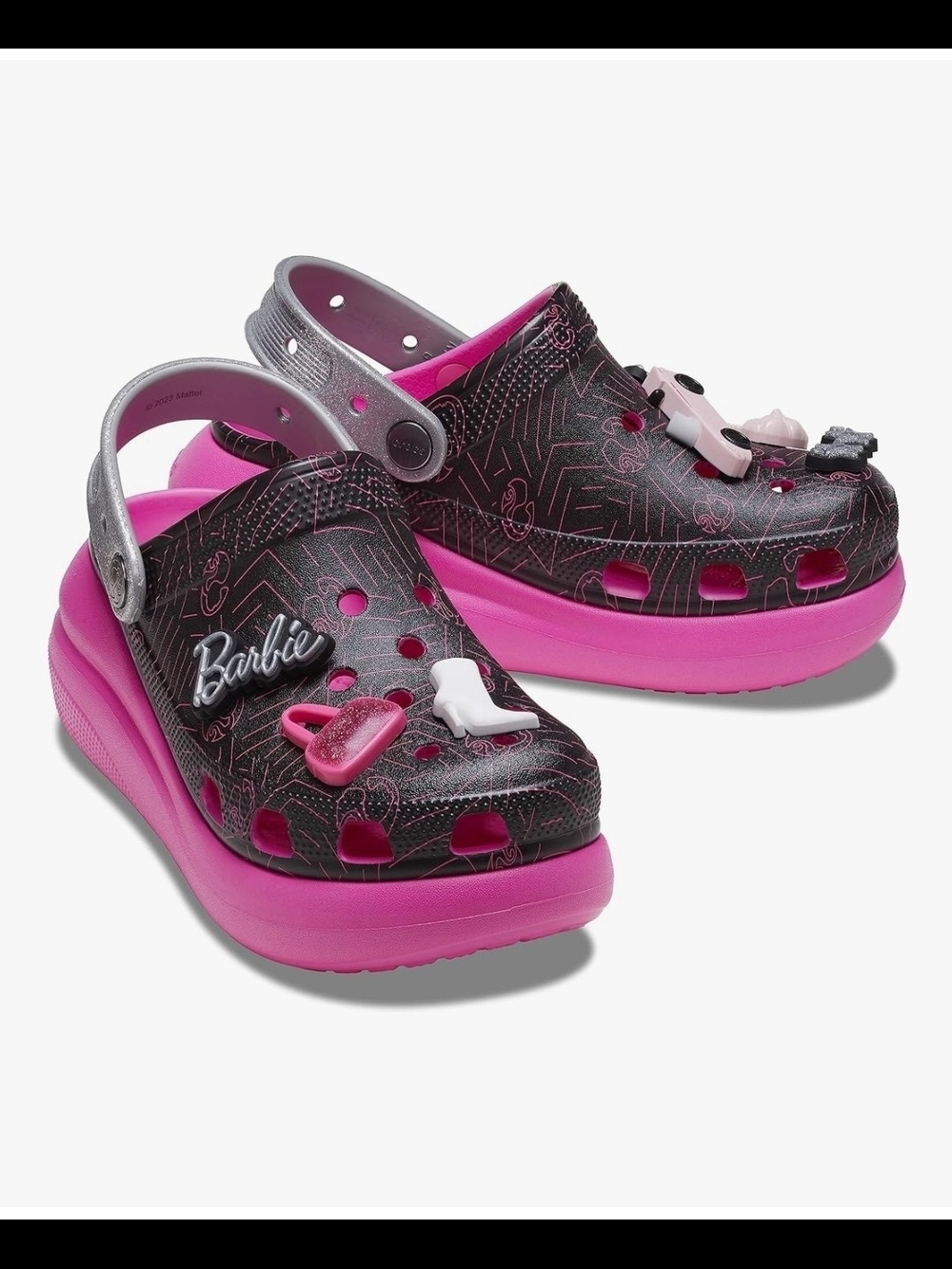 Barbie Black and Hot Pink Crocs Clog Sandals with Silver Strap and Charms